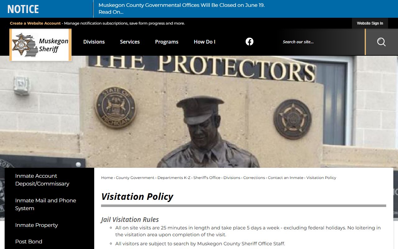 Muskegon County inmate records visitation policy schedule