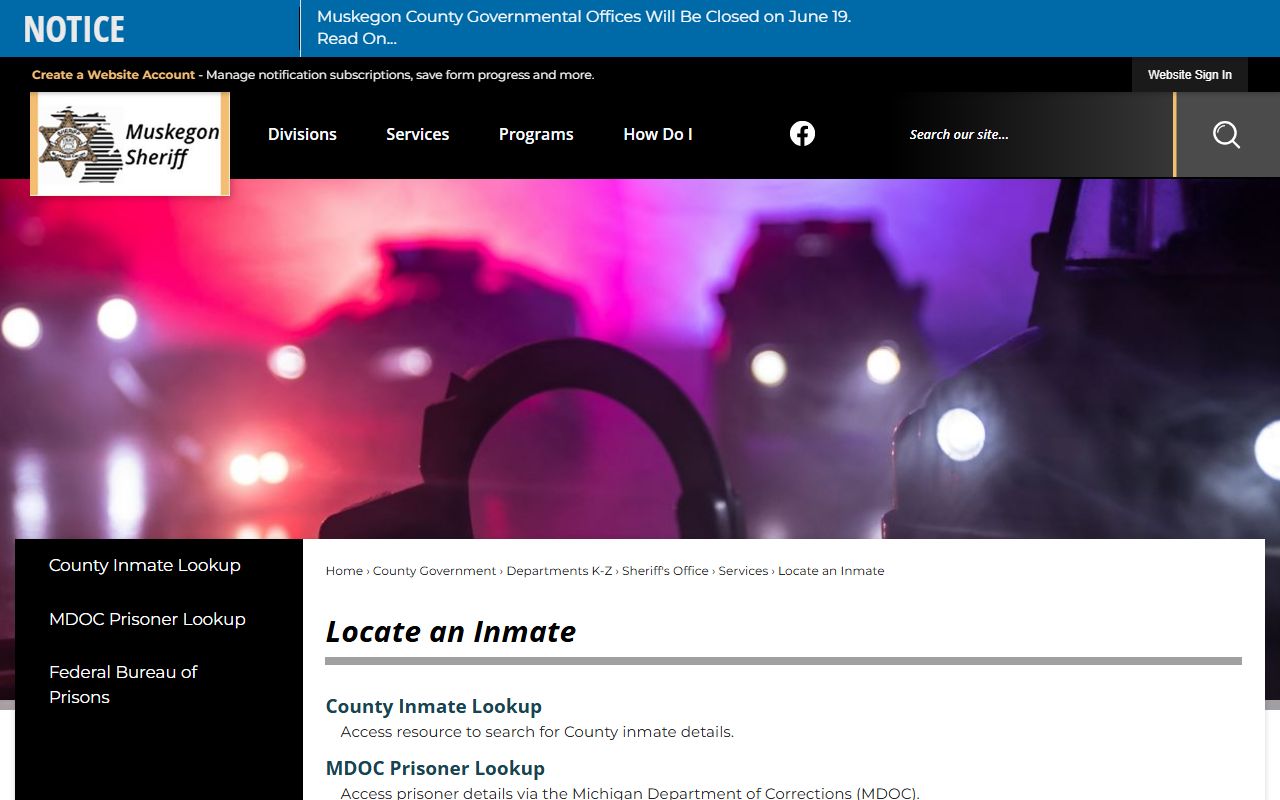 Muskegon County inmate population lookup hub with county, MDOC, BOP, and VINE links