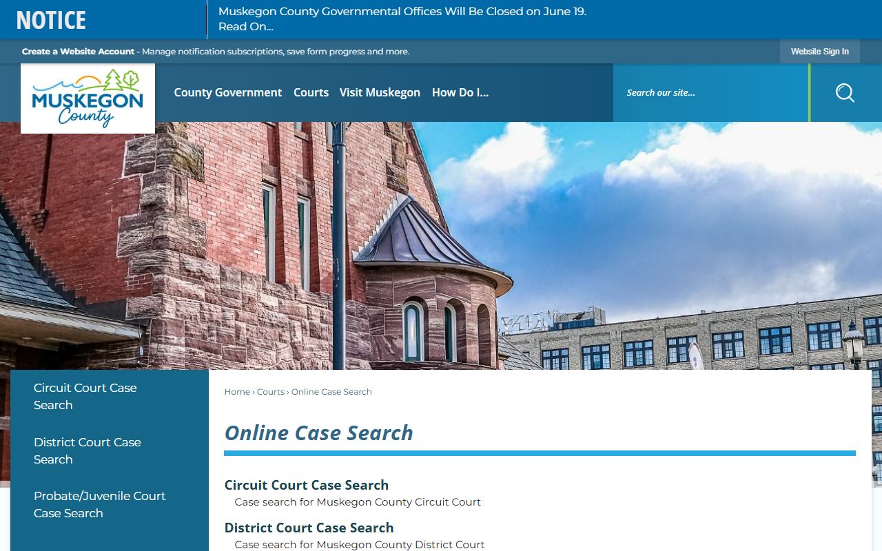 Muskegon County court records after jail arrest online case search page