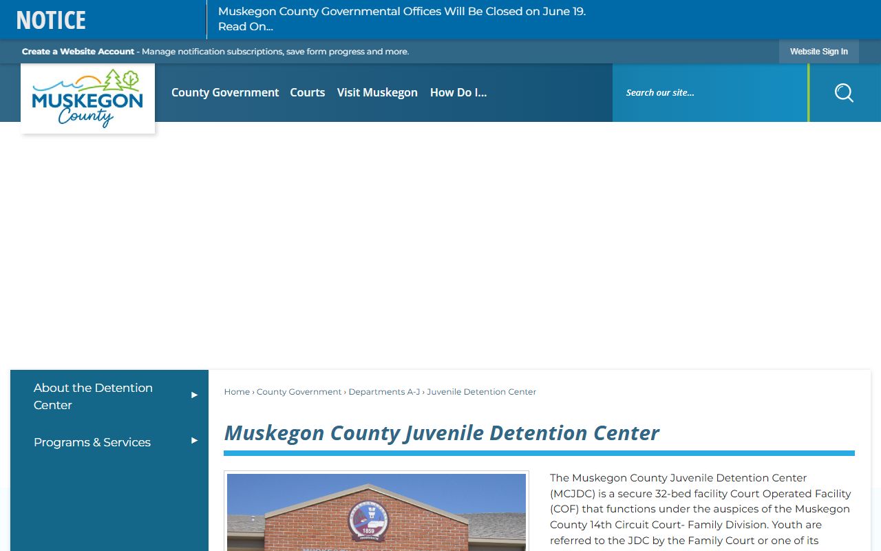 Muskegon County Juvenile Detention Center juvenile detention record access page